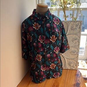 Floral Vintage Button-Up Shirt in Black with Teal & Magenta Flowers